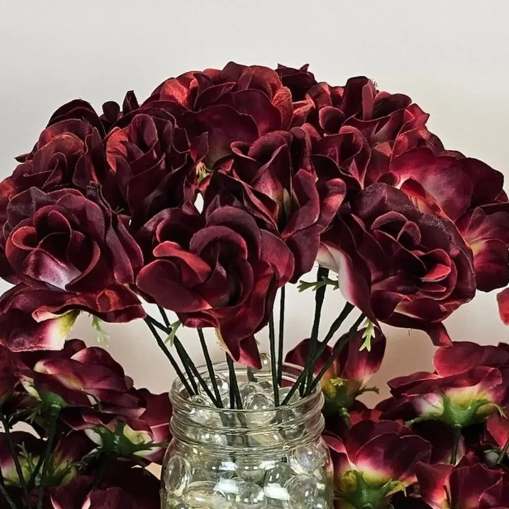 Lot 75 Wine Burgundy Satin Open Rose Stems Artificial Flowers Wedding Craft 2.5